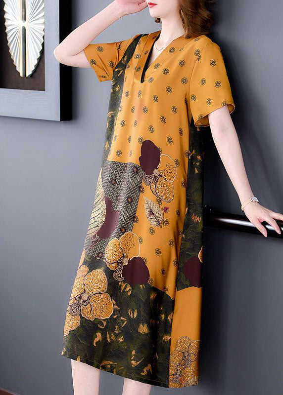 Plus Size Yellow V Neck Print Silk Long Dress Summer