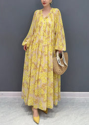 Plus Size Yellow V Neck Ruffled Print Chiffon Long Dresses Fall