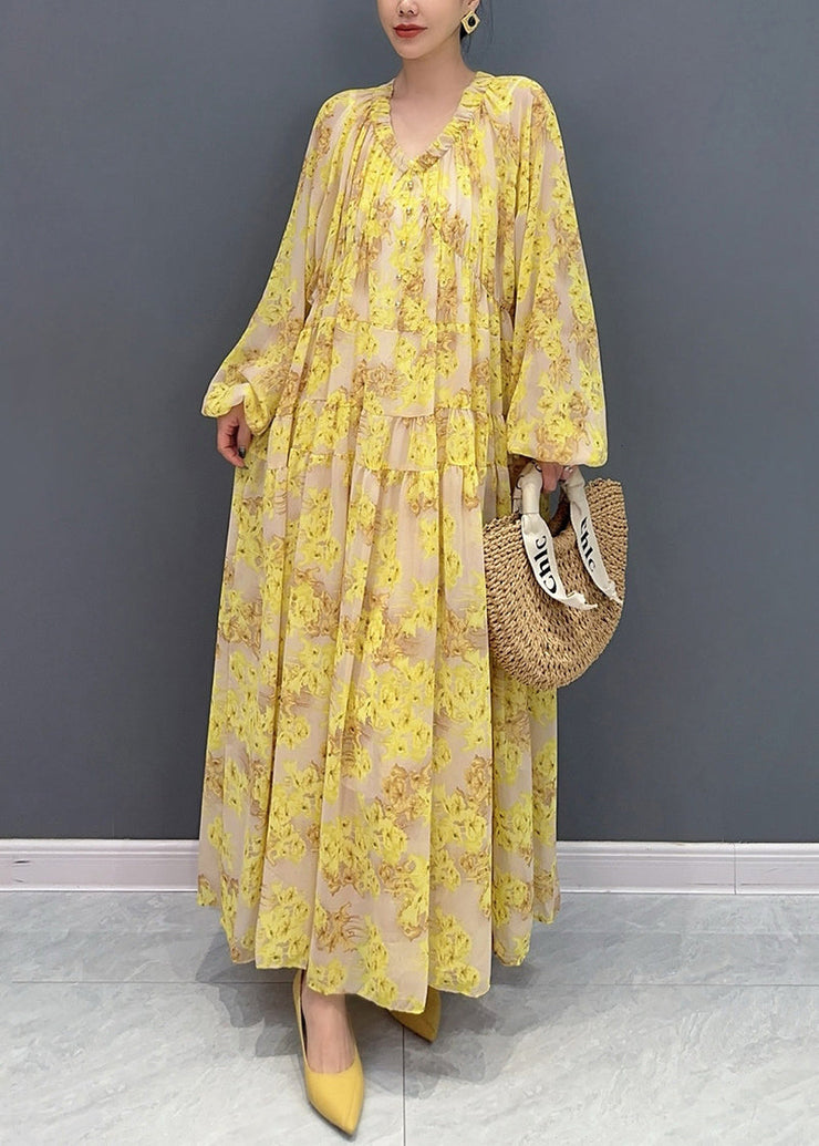 Plus Size Yellow V Neck Ruffled Print Chiffon Long Dresses Fall