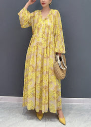 Plus Size Yellow V Neck Ruffled Print Chiffon Long Dresses Fall