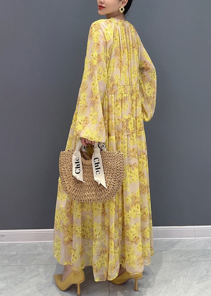 Plus Size Yellow V Neck Ruffled Print Chiffon Long Dresses Fall