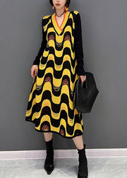 Plus Size Yellow V Neck Striped Patchwork Knit Dress Fall