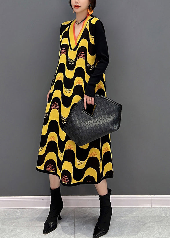 Plus Size Yellow V Neck Striped Patchwork Knit Dress Fall