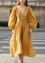 Plus Size Yellow V Neck Wrinkled Cotton Party Dress Lantern Sleeve