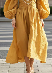 Plus Size Yellow V Neck Wrinkled Cotton Party Dress Lantern Sleeve