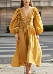 Plus Size Yellow V Neck Wrinkled Cotton Party Dress Lantern Sleeve