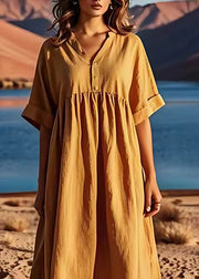 Plus Size Yellow V Neck Wrinkled Patchwork Linen Dresses Summer