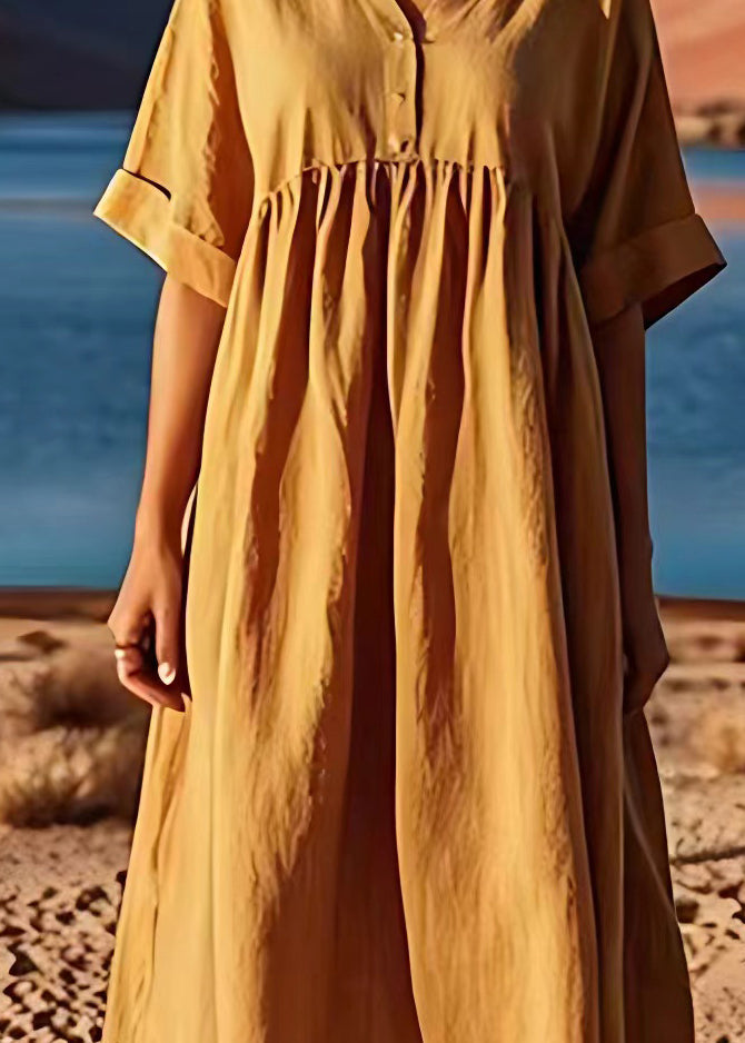 Plus Size Yellow V Neck Wrinkled Patchwork Linen Dresses Summer