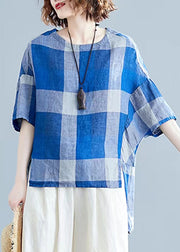 Plus Size Blue low high design O-Neck Plaid Linen Top long sleeve