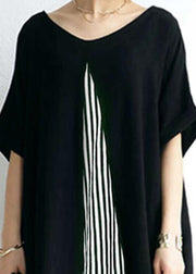 Pocket Short Sleeve Splicing Striped Color Black Maxi Dress