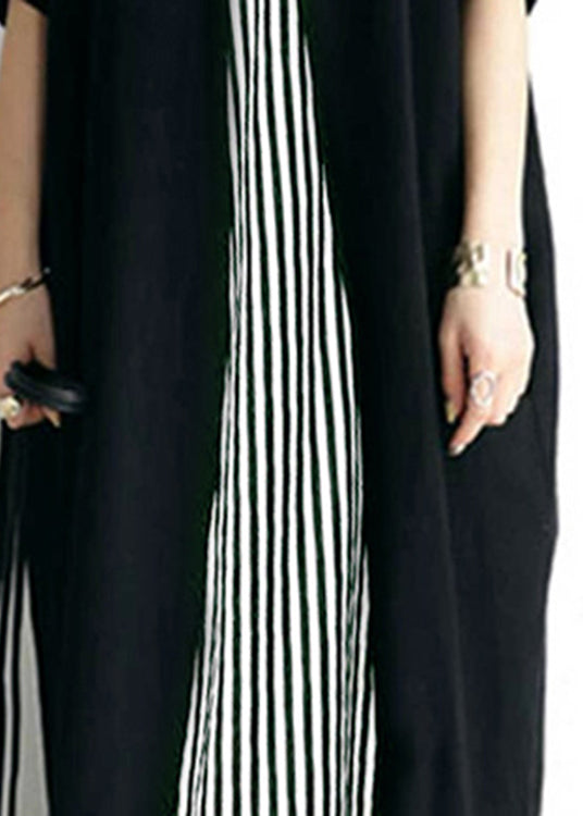 Pocket Short Sleeve Splicing Striped Color Black Maxi Dress