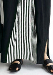 Pocket Short Sleeve Splicing Striped Color Black Maxi Dress