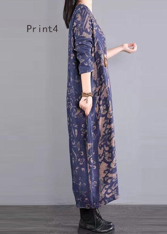 Print Patchwork Beautiful Cotton Long Dresses V Neck Fall