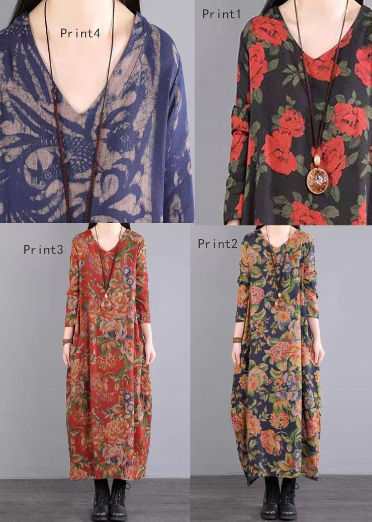 Print Patchwork Beautiful Cotton Long Dresses V Neck Fall