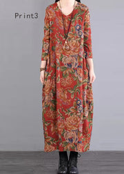 Print Patchwork Loose Cotton Long Dress V Neck Fall