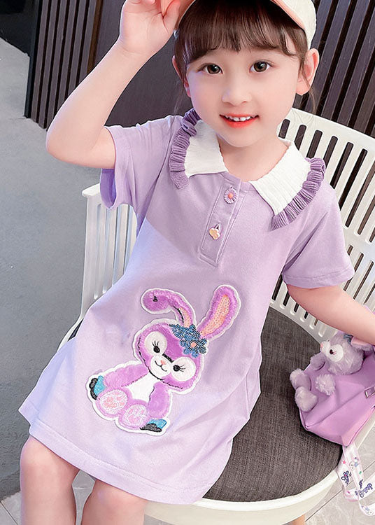 Purple  Patchwork Cotton Baby Girls Dress Ruffled Summer