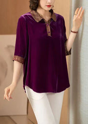 Purple Button Patchwork Silk Shirt Peter Pan Collar Fall