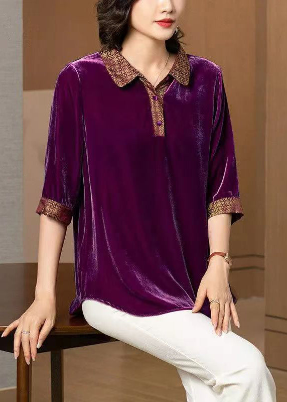 Purple Button Patchwork Silk Shirt Peter Pan Collar Fall