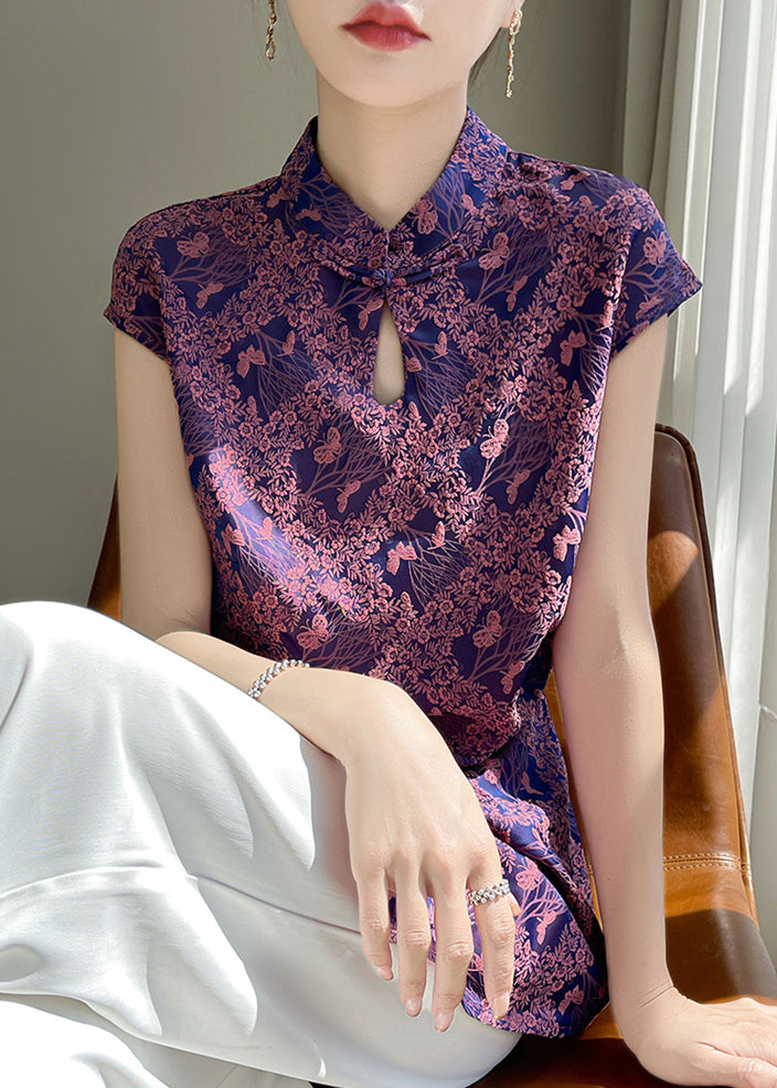 Purple Button Print Silk Blouses Stand Collar Short Sleeve