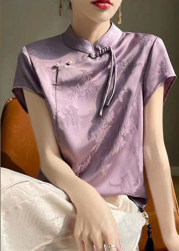 Purple Button Silk Blouses Stand Collar Short Sleeve