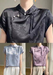 Purple Button Silk Blouses Stand Collar Short Sleeve