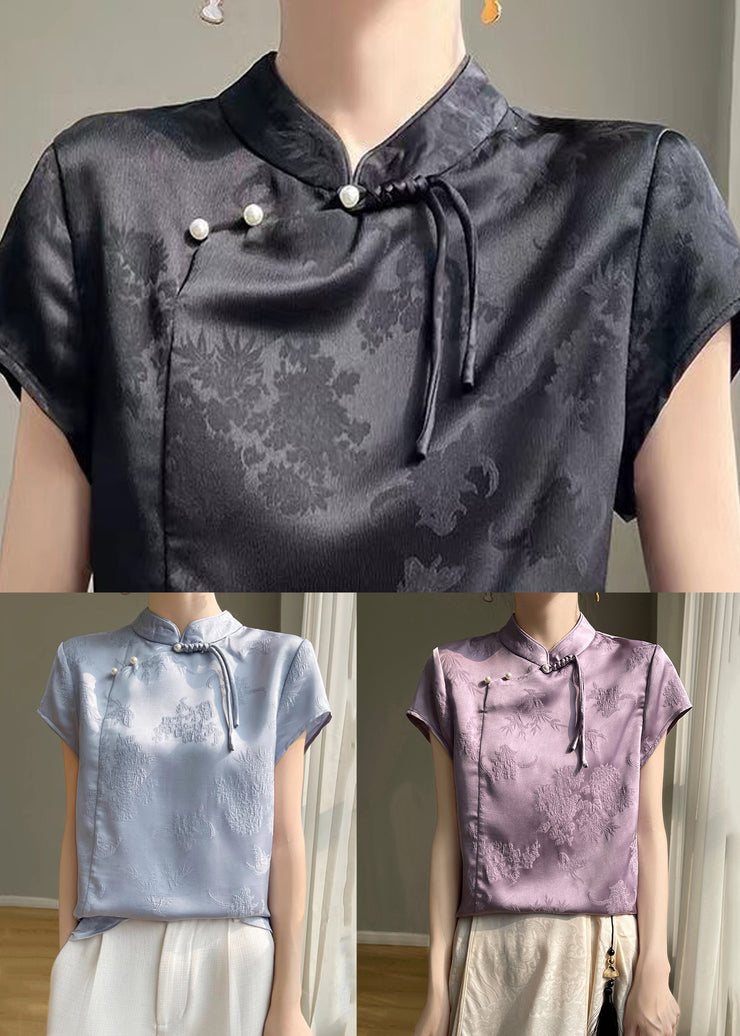 Purple Button Silk Blouses Stand Collar Short Sleeve