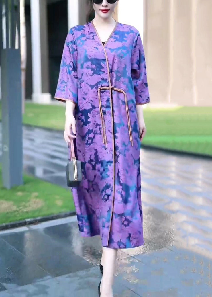 Purple Button Silk Long Coat V Neck Half Sleeve