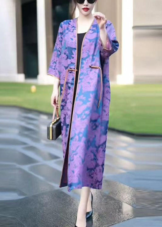 Purple Button Silk Long Coat V Neck Half Sleeve