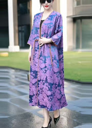 Purple Button Silk Long Coat V Neck Half Sleeve