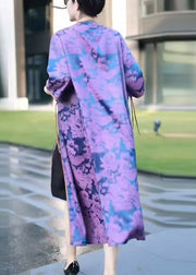 Purple Button Silk Long Coat V Neck Half Sleeve