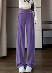 Purple Button Solid Corduroy Pants Elastic Waist Spring