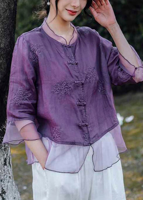Purple Button Tulle Patchwork Blouses Embroidered Summer