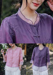 Purple Button Tulle Patchwork Blouses Embroidered Summer