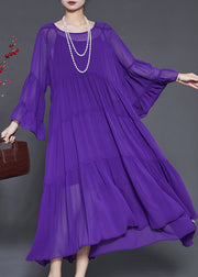 Purple Chiffon Vacation Dresses Oversized Wrinkled Flare Sleeve