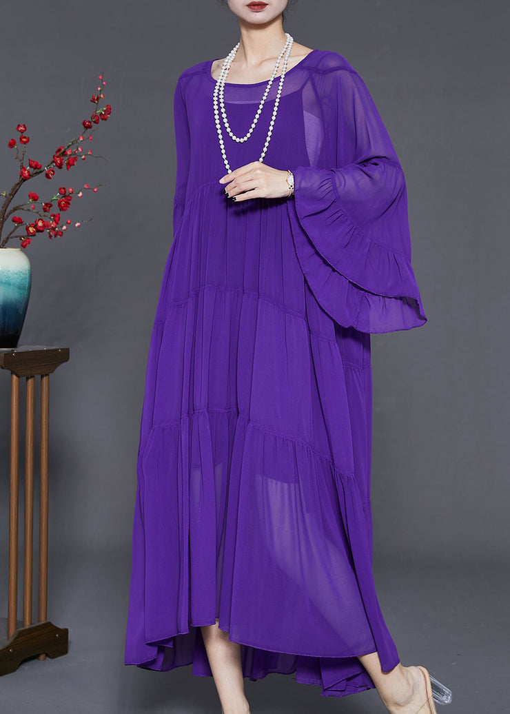 Purple Chiffon Vacation Dresses Oversized Wrinkled Flare Sleeve
