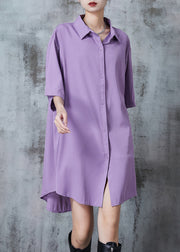 Purple Comfotable Cotton Shirt Dress Oversized Summer