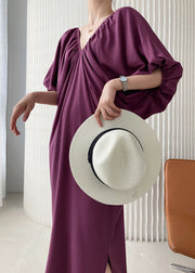 Purple Cotton Robe Dresses Side Open Cold Shoulder Batwing Sleeve