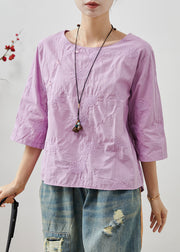 Purple Cotton Top O-Neck Embroidered Summer