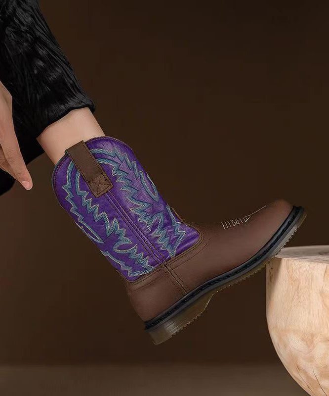 Purple Cowhide Leather Boho Embroideried Splicing Boots