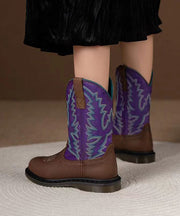 Purple Cowhide Leather Boho Embroideried Splicing Boots