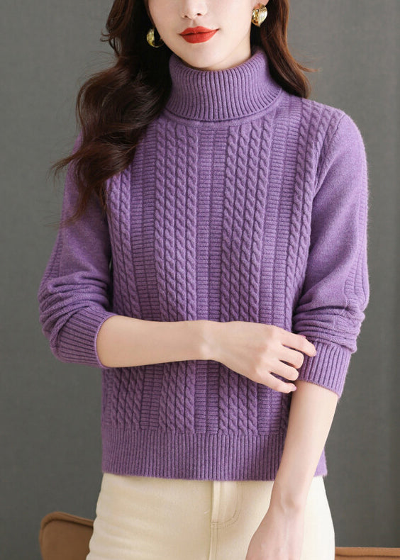 Purple Cozy Thick Knit Sweaters Turtleneck Winter