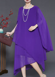 Purple Draping Chiffon Long Dresses Asymmetrical Cloak Sleeves