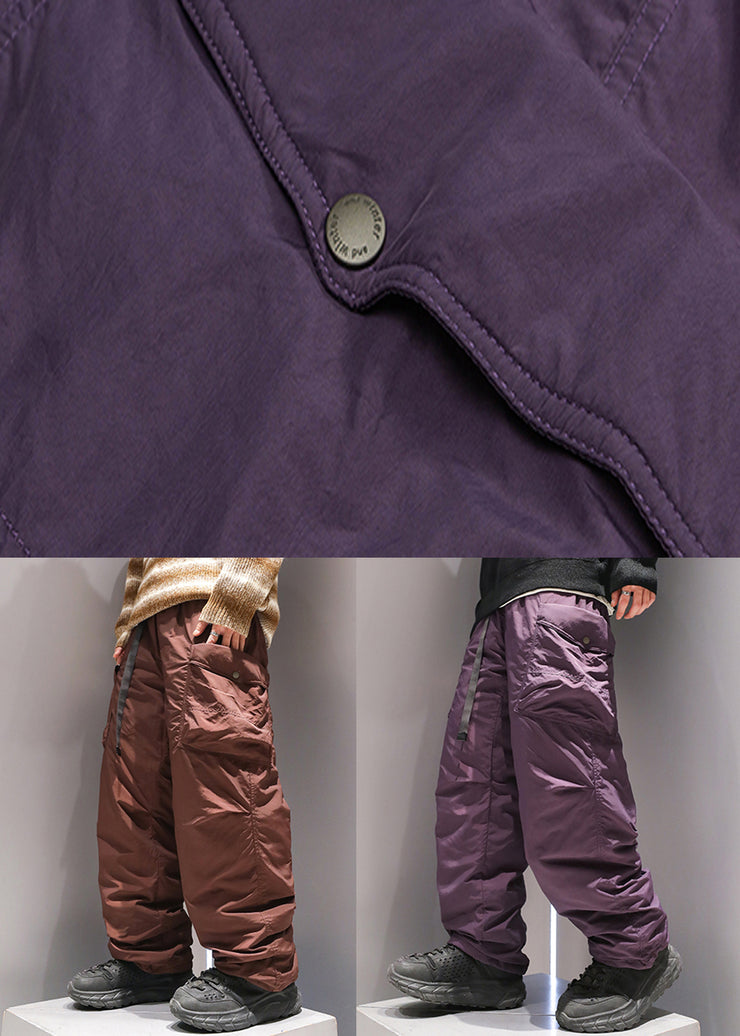 Purple Drawstring Duck Down Mens Pants Elastic Waist Winter