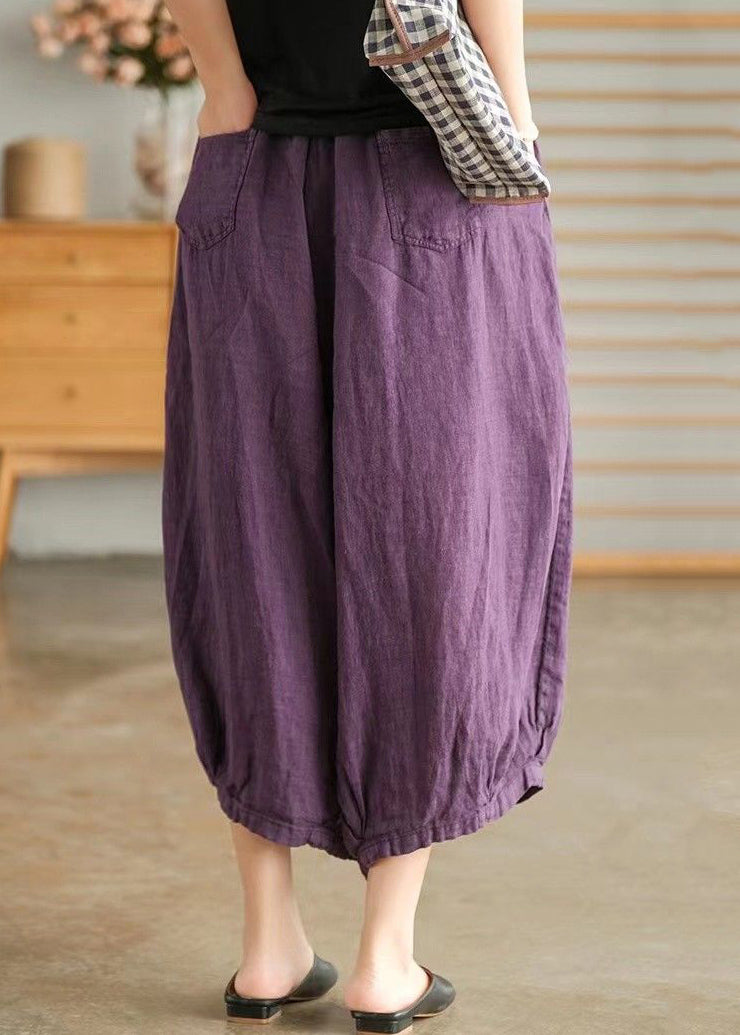 Purple Elastic Waist Linen Wide Leg Pants