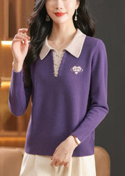 Purple False Two Pieces Wool Knit Sweaters Peter Pan Collar Winter