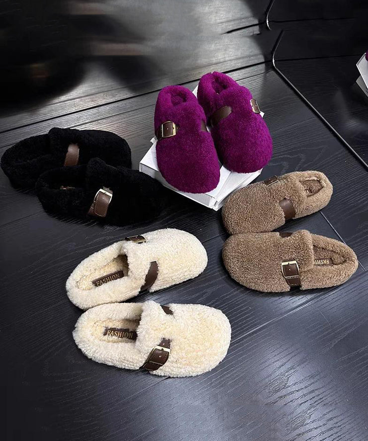 Purple Faux Fur Warm Slippers Shoes Stylish Splicing