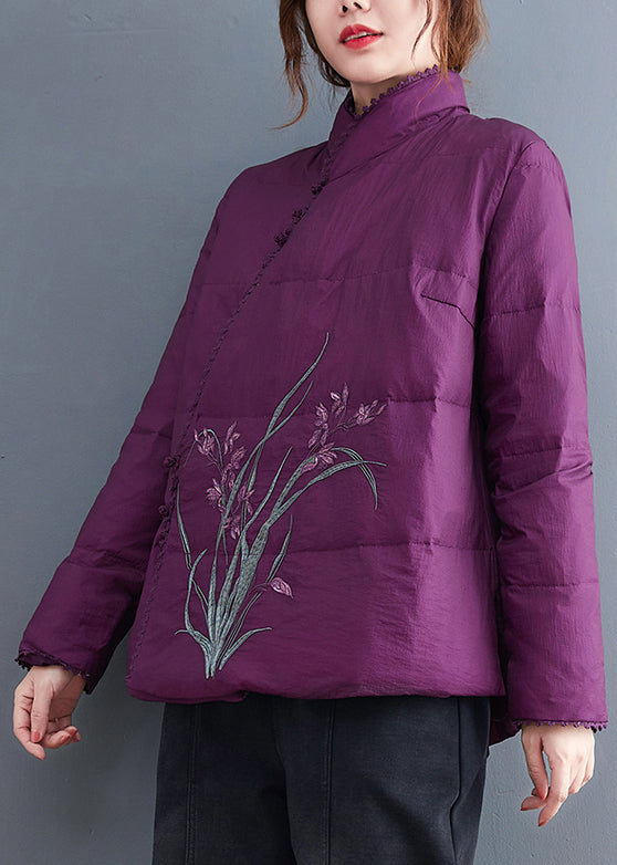 Purple Fine Cotton Filled Jackets Embroideried Stand Collar Winter