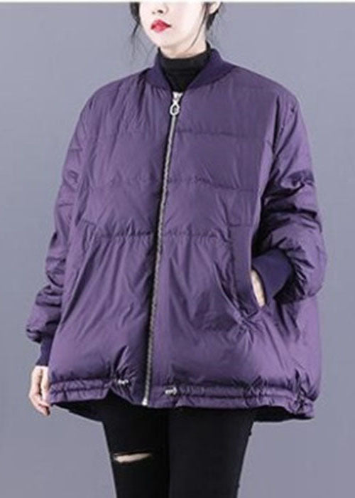 Purple Fine Cotton Filled Puffer Jacket Zip Up Drawstring Winter