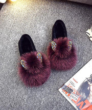 Purple Flat Shoes For Women Splicing Fuzzy Fur Zircon