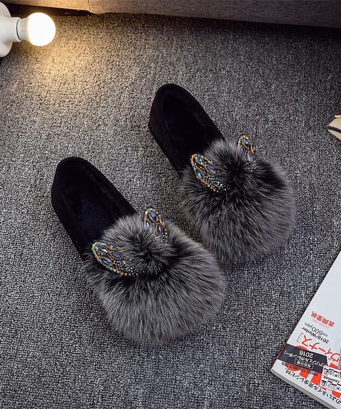 Purple Flat Shoes For Women Splicing Fuzzy Fur Zircon